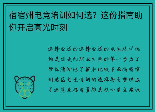宿宿州电竞培训如何选？这份指南助你开启高光时刻